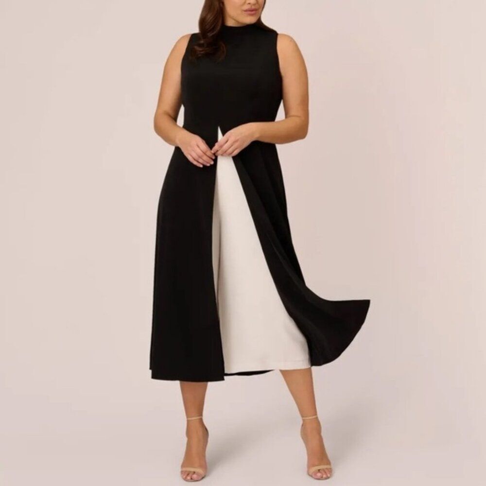 NWT Adrianna Papell Cropped Crepe Black Overlay Jumpsuit Dress